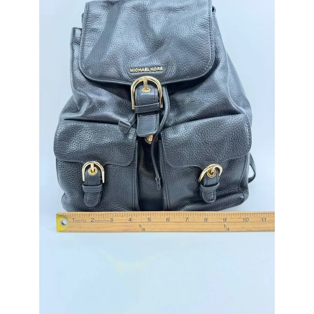 Michael Kors Black Pebbled Leather Backpack Drawstring Flap Pocket Bag Women